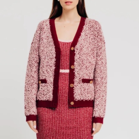 NWT Torn Ronny Kobo LYRA CARDIGAN gold button v neck chunky knit tweed sweater - Picture 1 of 8